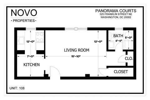 Floor plan for studio, 1 bath, 600 sqft